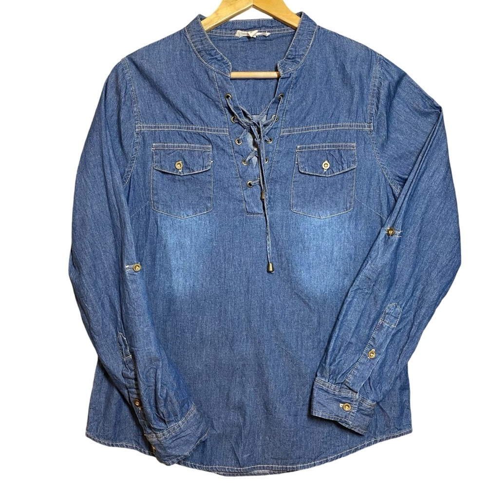 Emma Top Medium Front Laced Tie Blue‎ Lightweight Cotton Denim Roll Tab Sleeves